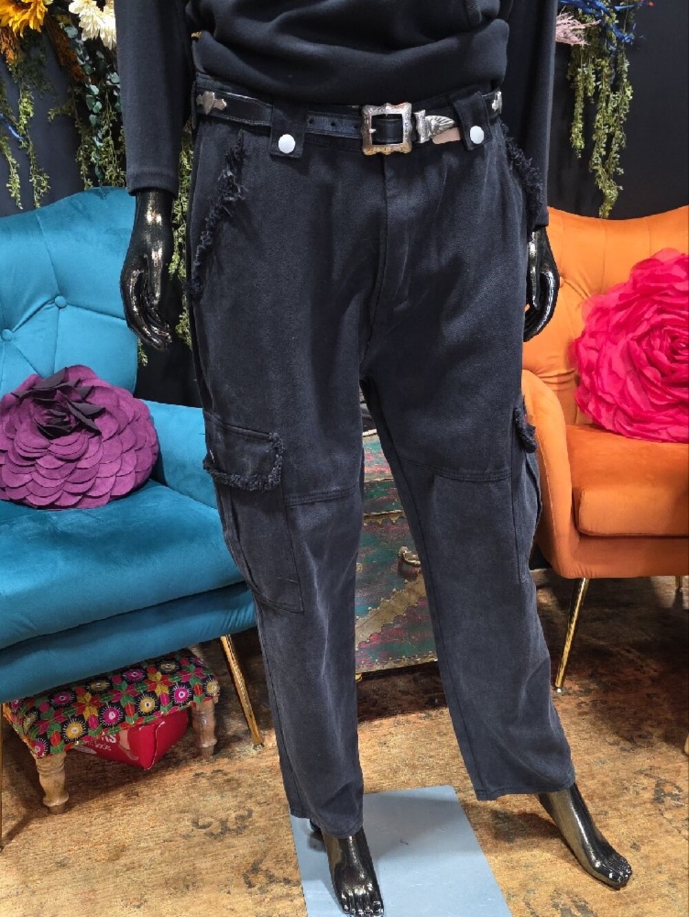 POL Black Wide-Leg Cargo Jeans with Utility Details